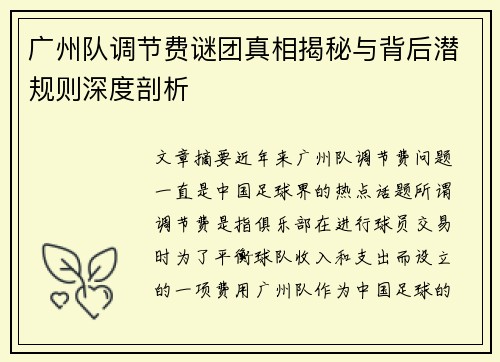 广州队调节费谜团真相揭秘与背后潜规则深度剖析
