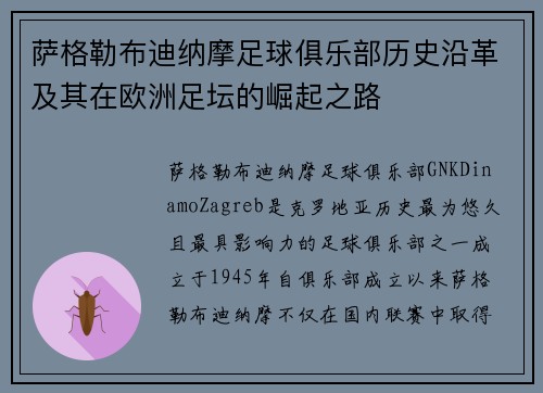 萨格勒布迪纳摩足球俱乐部历史沿革及其在欧洲足坛的崛起之路
