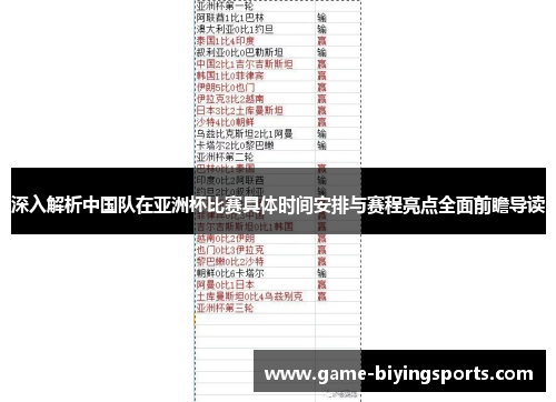深入解析中国队在亚洲杯比赛具体时间安排与赛程亮点全面前瞻导读 深入解析中国队在亚洲杯比赛具体时间安排与赛程亮点全面前瞻导读